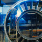 Welding stator vanes on an axial fan.